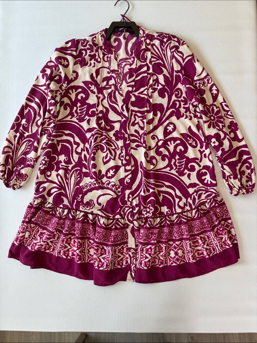 Zara M Boho Floral Print Button Front Ruffle Hem Midi Dress Burgundy Cream